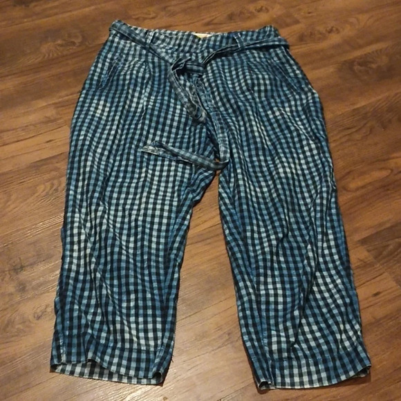 Maeve Two Toned Blue Distressed Gingham High Waisted Belted Casual Trousers A32 - Picture 1 of 6